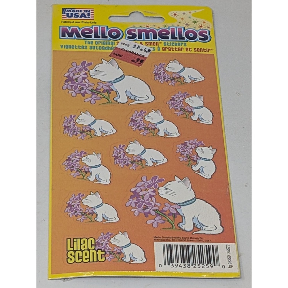 Vintage Mello Smellos Stickers Lilac Scent Scratch and Sniff Cat Flower‎ Y2K NEW
